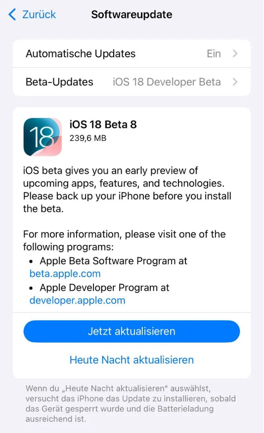 峨边苹果手机维修分享苹果 iOS / iPadOS 18 开发者预览版 Beta 8 发布 